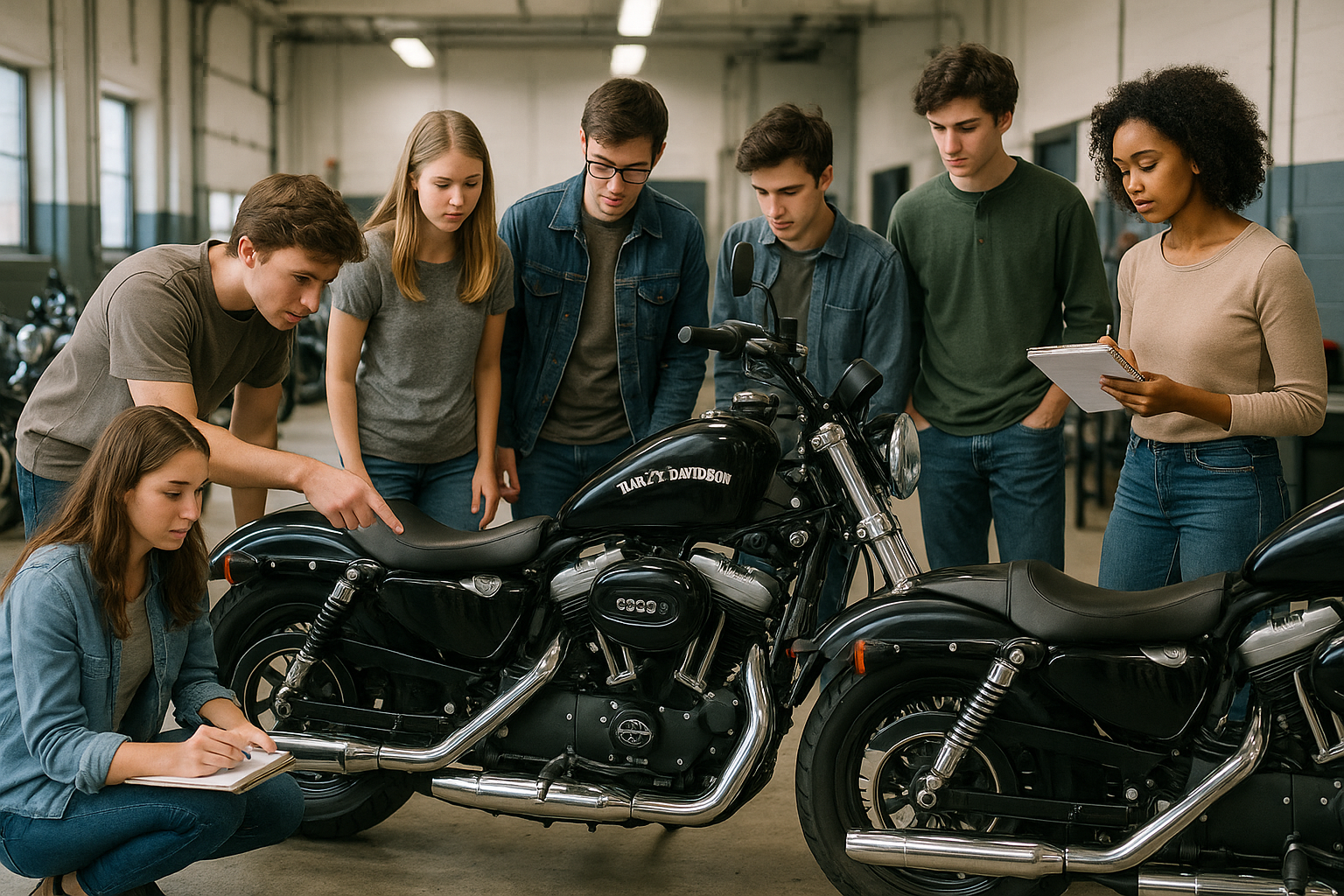 alumnos mirando motos harley 883