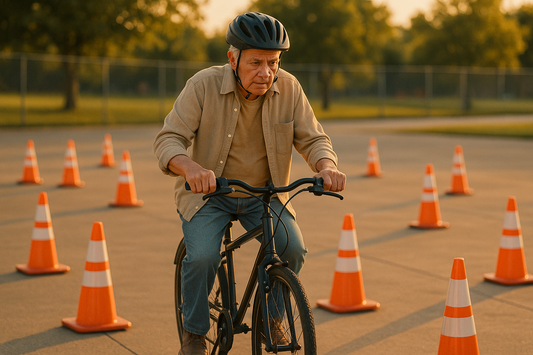 hombre mayor aprendiendo bici con conitos